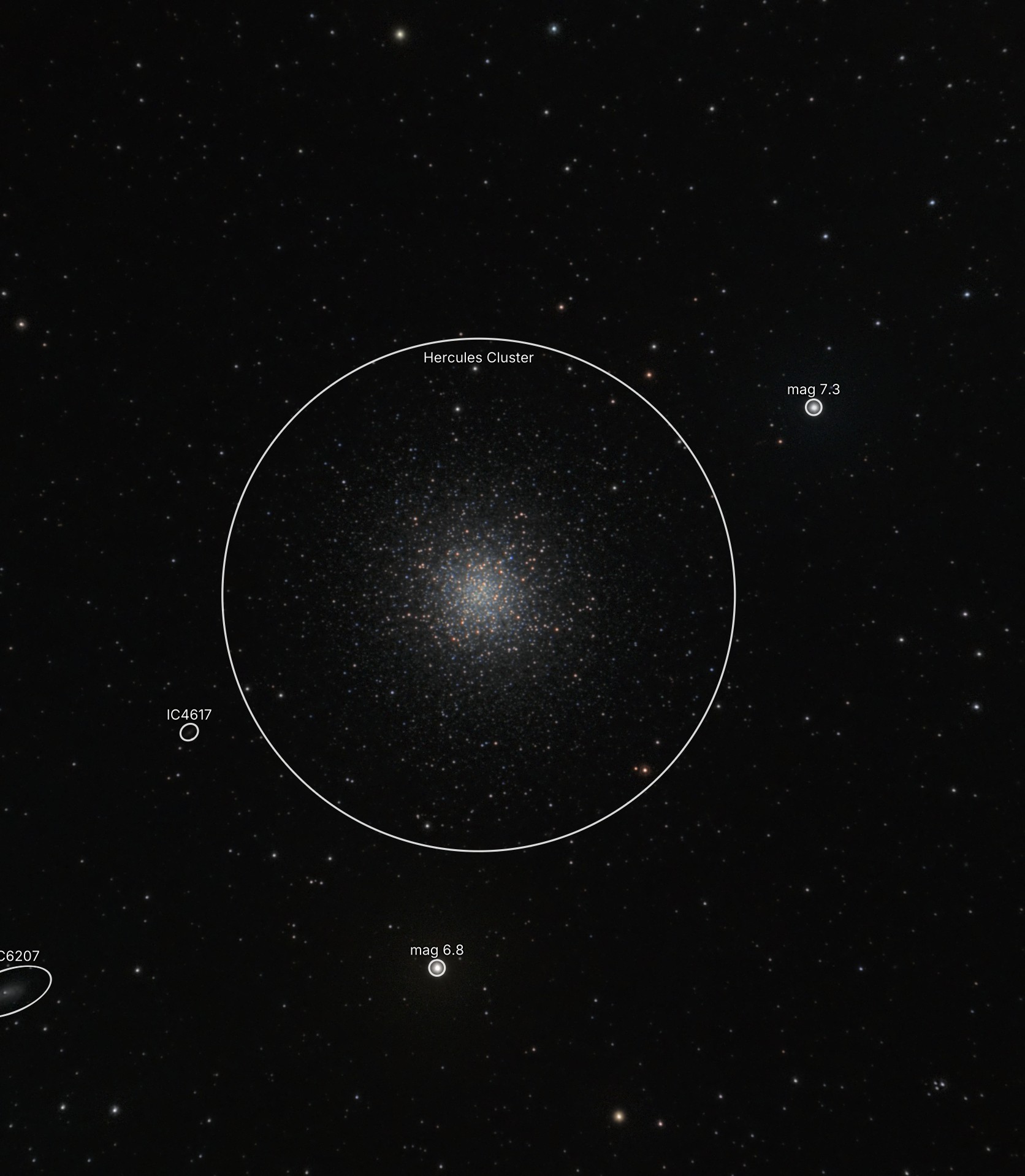 The Hercules globular cluster M13 with Akastroid's annotation overlay naming the cluster, nearby galaxies and bright stars