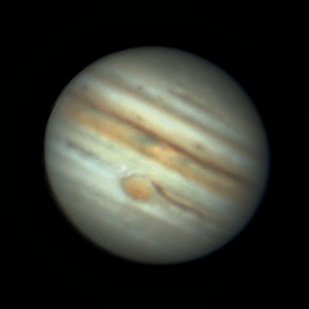 Jupiter with its cloud belts and the Great Red Spot, stacked and sharpened in Akastroid