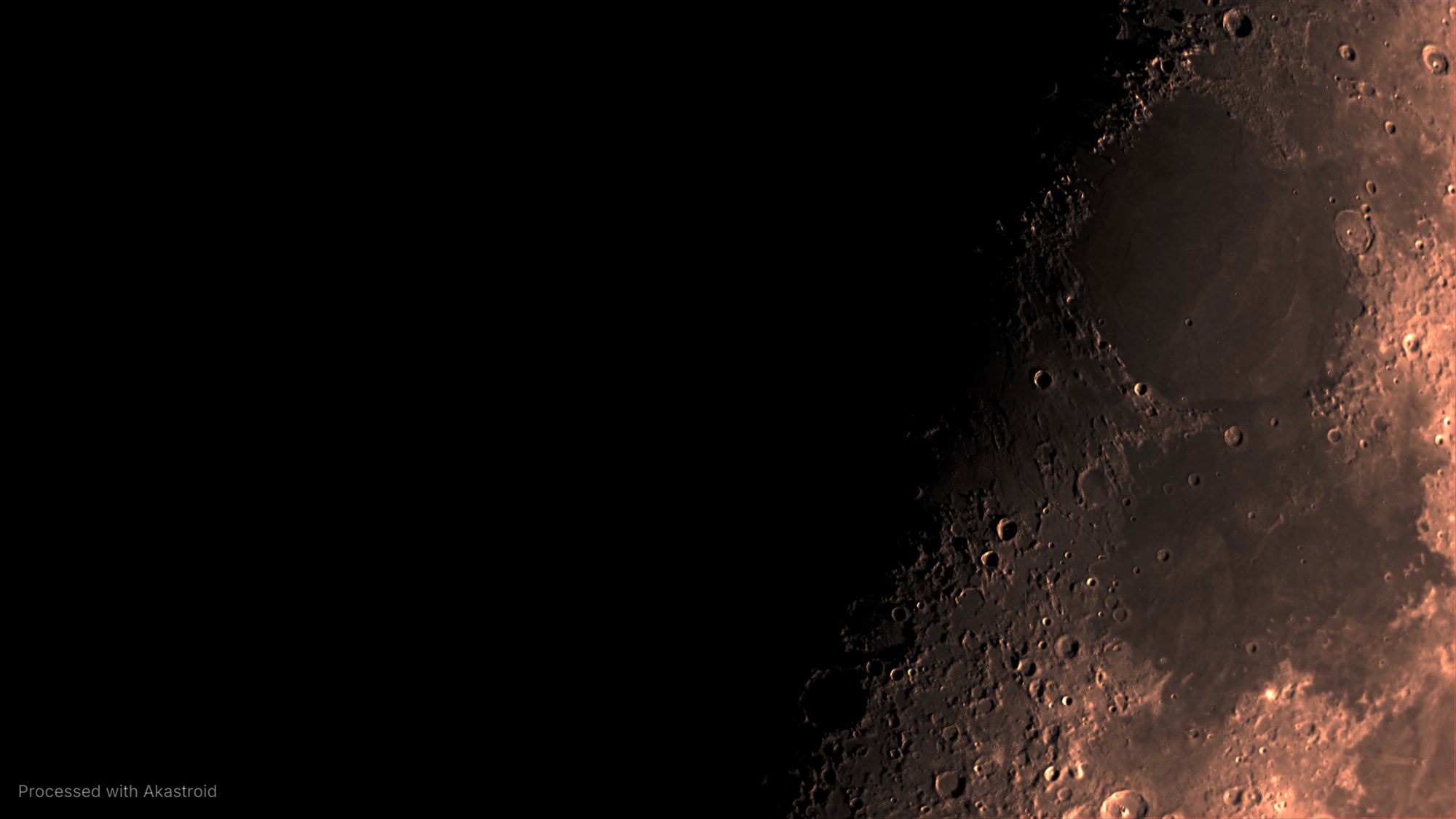 A dark lunar mare along the terminator with craters and ridges in low sunlight, processed in Akastroid